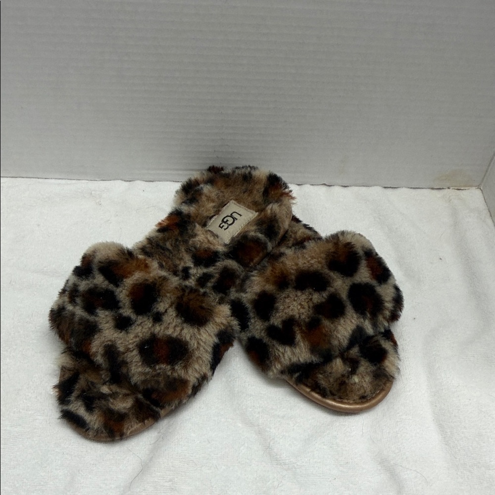 UGG Leopard-Print Fuzzy Crossband Slide Slippers - Brown/Black